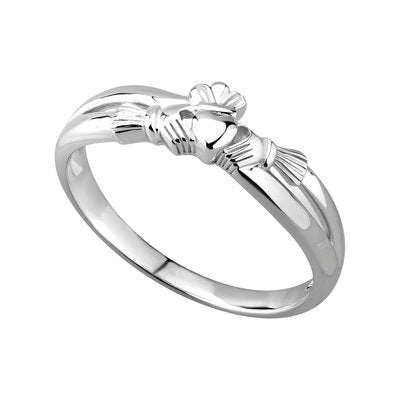 Claddagh kiss crossover ring set in sterling silver.  Made in Ireland.  Scottish Treasures Celtic Corner