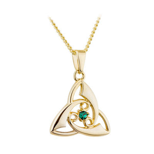 Gold plated trinity knot pendant with center crystal stone in green.  Made in Ireland.  Scottish Treasures Celtic Corner