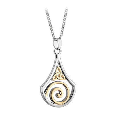 Two tone pendant with trinity knot and celtit swirl.  Base metal, allergy safe.  Scottish Treasures Celtic Corner