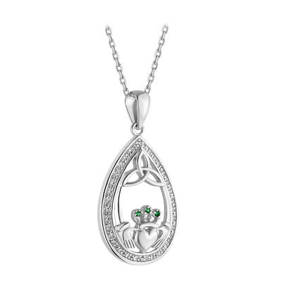 Oval shaped Claddagh pendant with trinity knot and crystals on the crown, sterling silver