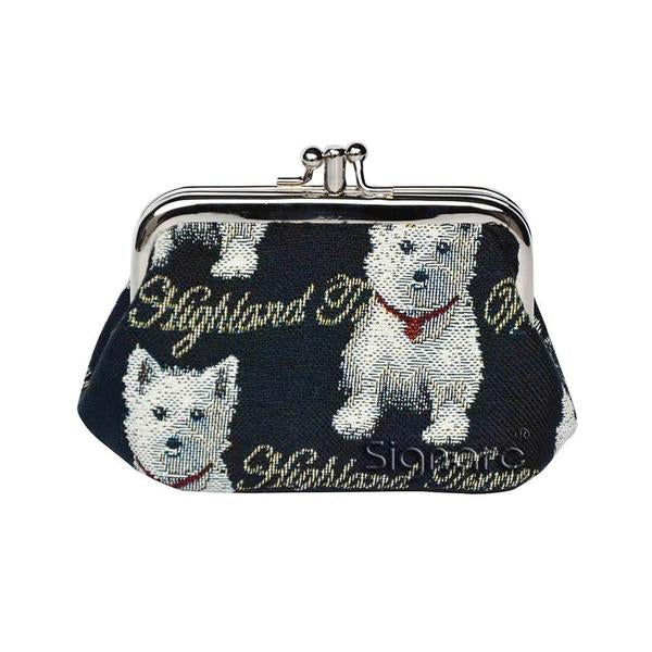 Westie dog coin purse done in tapestry fabric with two separate pockets.  Scottish Treasures Celtic Corner