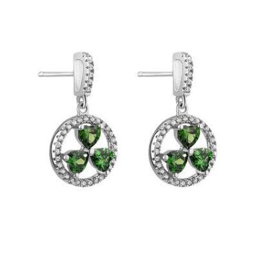 Sterling silver shamrock earrings with green and clear crystal cz stones.  Made in Ireland.  18 inch chain.  Scottish Treasures Celtic corner