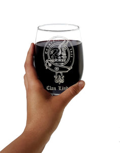 Scottish Clan Crest laser engraved on stemless wine glass.  Scottish Treasures Celtic Corner