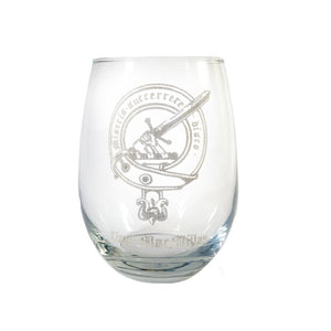 Stemless wine glass with Scottish Clan Crest laser engraved.  Scottish Treasures Celtic Corner