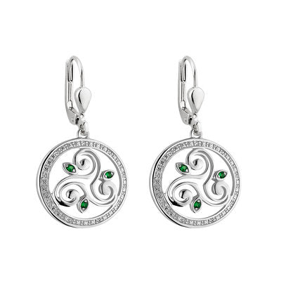 spiral triskele drop earrings with cz and green stones