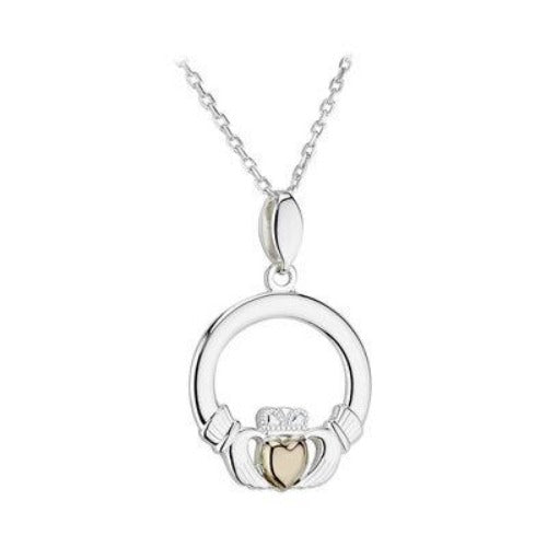 Sterling silver claddagh with 10k gold centered heart.  18 inch chain.  Made in Ireland.  Scottish Treasures Celtic Corner
