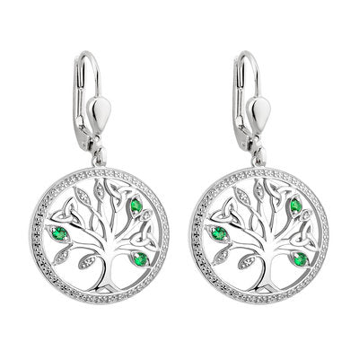 Sterling silver tree of life earrings with green stone accents